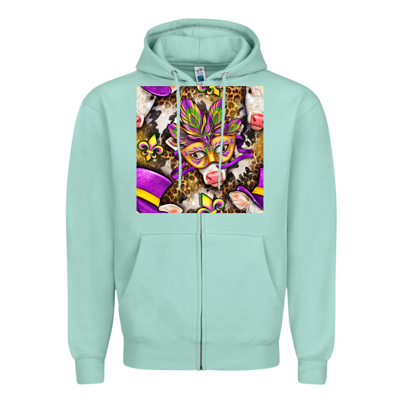 Mardi Gras Cow With Carnival Mask Seamless Pattern Zipper Hoodie by BundleAndBundleShop | Teevron