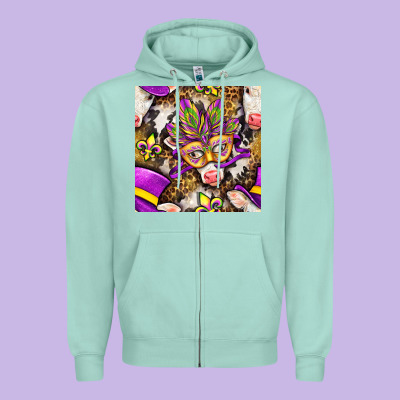 Mardi Gras Cow With Carnival Mask Seamless Pattern Zipper Hoodie Designed By Bundleandbundleshop