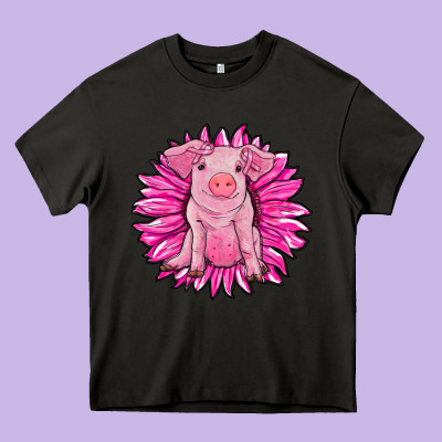 Pink Sunflower Pig Heavy Core Tee Designed By Ranaportraitstore