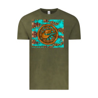 Vintage Olive cowboy hat turquoise aztec background old wheel Vintage Tee - Artiststas