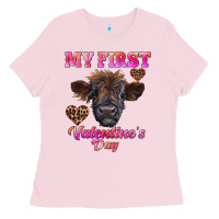 Bubblegum Pink my first valentine's day highland calf Ladies Tee - RanaPortraitStore