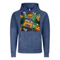 Vintage Denim halloween bus and pumpkin seamless pattern Vintage Hoodie - BundleAndBundleShop