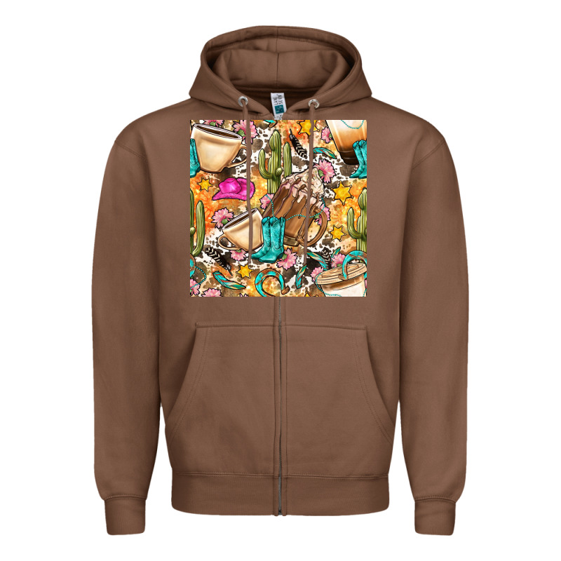 Western Cowgirl Coffee Cup With Cowhide Seamless Pattern Bbs Zipper Hoodie by BundleAndBundleShop | Teevron