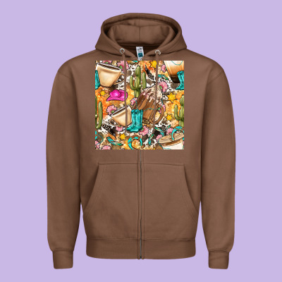 Western Cowgirl Coffee Cup With Cowhide Seamless Pattern Bbs Zipper Hoodie Designed By Bundleandbundleshop