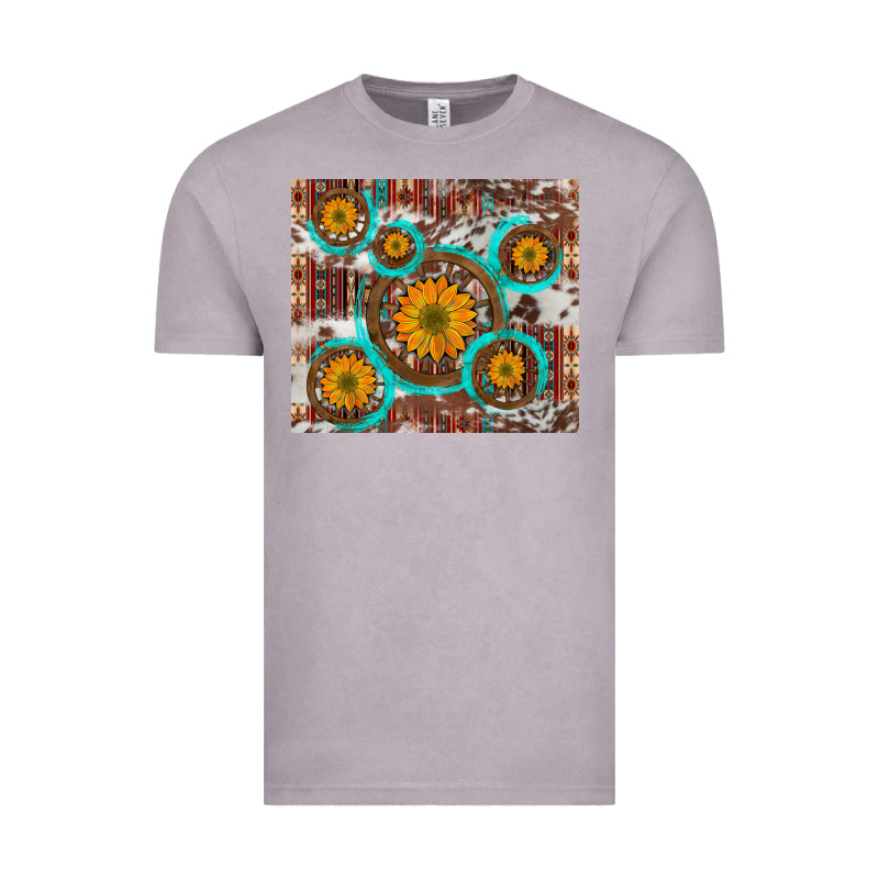 Sunflowers And Western Old Wheel Aztec Cowhide Background Vintage Tee by Artiststas | Teevron