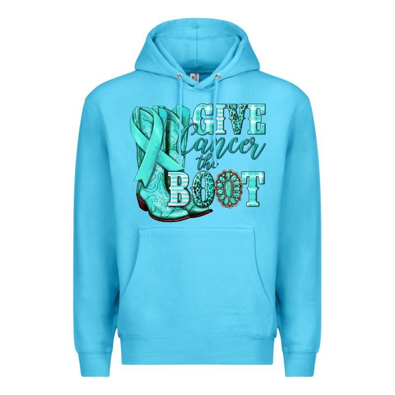 Give Cancer The Boot Ovarian Cancer Teal Ribbon Premium Hoodie by NancyCooperArtShop | Teevron