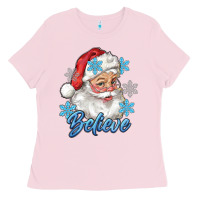 Bubblegum Pink santa blue believe Ladies Tee - RanaPortraitStore