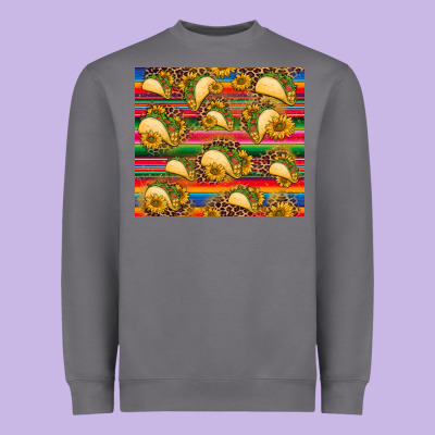 Tacos And Sunflowers With Serape Leopard Background Heavyweight Sweatshirt Designed By Barkaloodesign