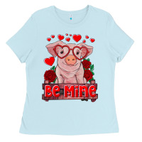 Baby Blue be mine valentine's day baby pig Ladies Tee - RanaPortraitStore