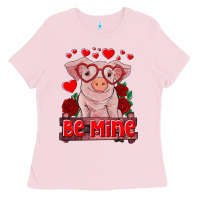 Bubblegum Pink be mine valentine's day baby pig Ladies Tee - RanaPortraitStore