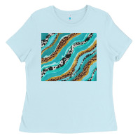 Baby Blue turquoise brushstrokes with leopard and cowhide Ladies Tee - RanaPortraitStore