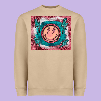 Western Lightning Bolt Smiling Face Turquoise Heavyweight Sweatshirt Designed By Barkaloodesign