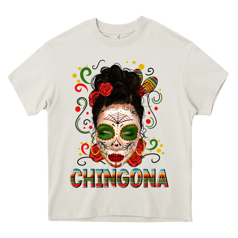 Mexicana Skull Girl Messy Bun Heavy Core Tee by texasbilliewilder | Teevron