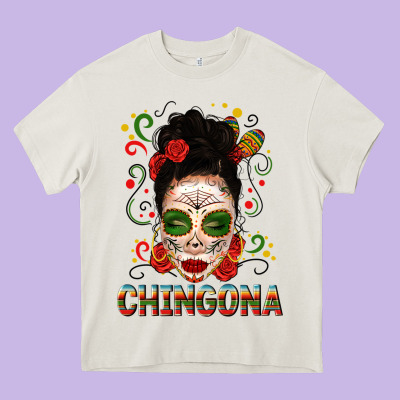 Mexicana Skull Girl Messy Bun Heavy Core Tee Designed By Texasbilliewilder