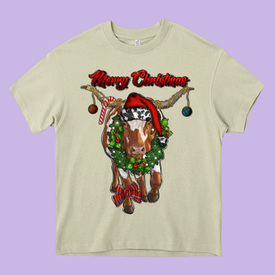 Merry Christmas Longhorn Cow Heavy Core Tee Designed By Ranaportraitstore