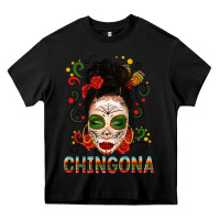 Black Mexicana Skull Girl Messy Bun Heavy Core Tee - texasbilliewilder