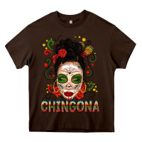 Chocolate Brown Mexicana Skull Girl Messy Bun Heavy Core Tee - texasbilliewilder