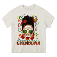 Cream Mexicana Skull Girl Messy Bun Heavy Core Tee - texasbilliewilder