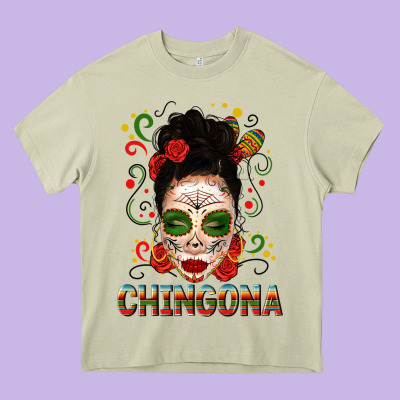 Mexicana Skull Girl Messy Bun Heavy Core Tee Designed By Texasbilliewilder