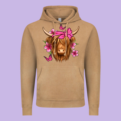 Floral Pink Bandana Longhaired Cow Vintage Hoodie Designed By Jasminsmagicworld