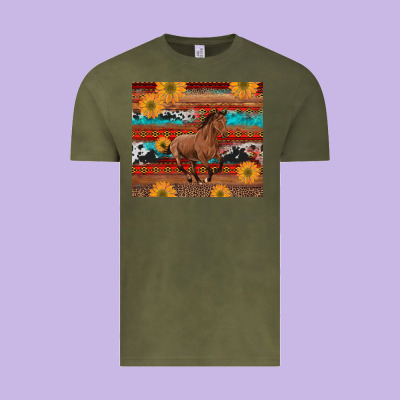 Western Horse And Sunflowers Cowhide Leopard With Aztec Vintage Tee Designed By Artiststas