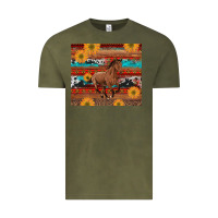 Vintage Olive western horse and sunflowers cowhide leopard with aztec Vintage Tee - Artiststas