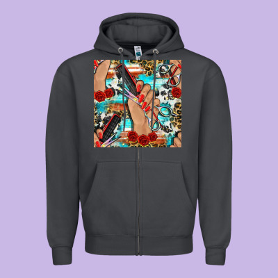 Hairdresser Hand Scissors And Roses With Serape Leopard And Cowhide Se Zipper Hoodie Designed By Bundleandbundleshop