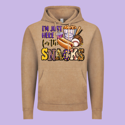 I'm Just Here For The Snacks Baseball Purple And G Vintage Hoodie Designed By Jasminsmagicworld
