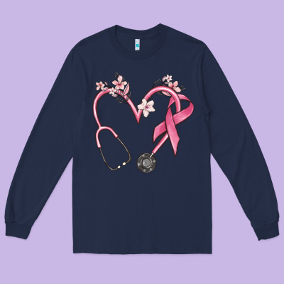 Stethoscope Nurse Medical Breast Cancer Awareness Long Sleeve Tee Designed By Maliassmallbusiness