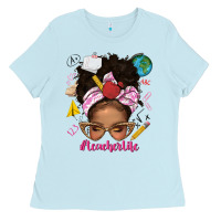 Baby Blue afro messy bun teacherlife Ladies Tee - texasbilliewilder
