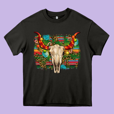 Western Christmas Bull Skull Heavy Core Tee Designed By Ranaportraitstore
