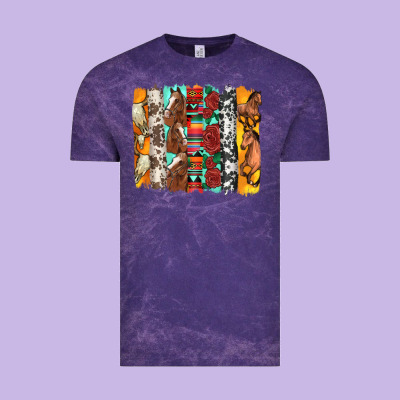 Western Horses Roses And Bullskulls Wıth Cowhide Amd Serape Brushstro Vintage Tee Designed By Artiststas