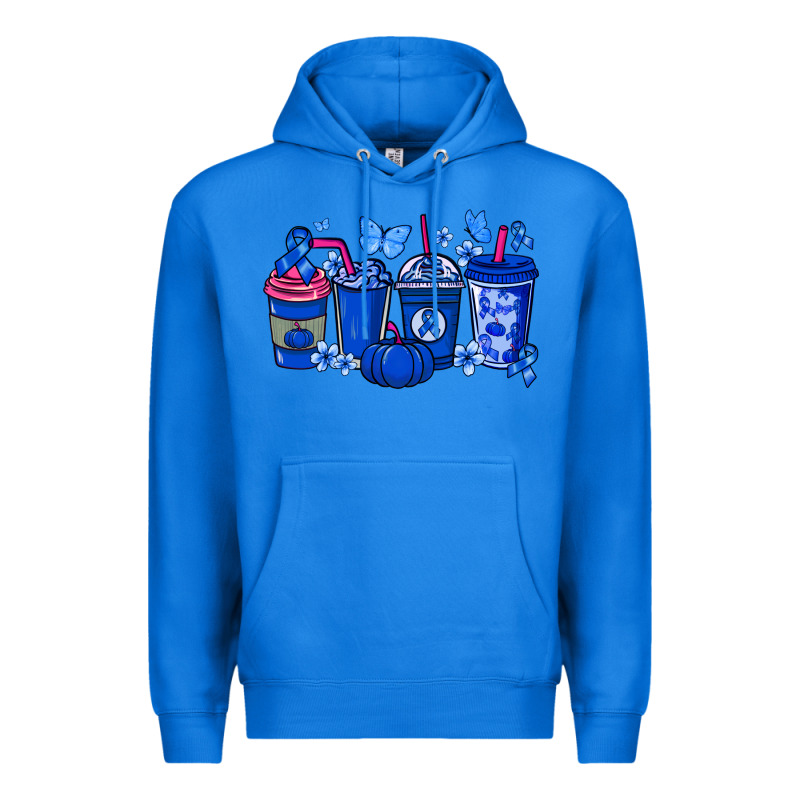 Colon Cancer Coffee Cups Blue Ribbon Premium Hoodie by NancyCooperArtShop | Teevron