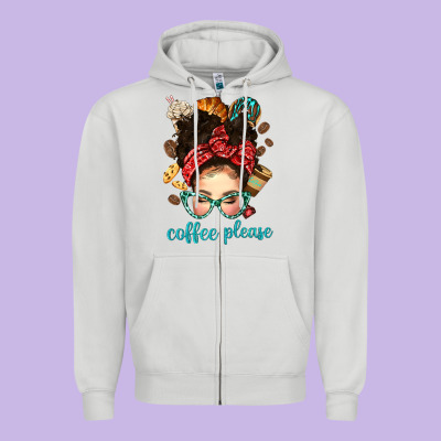 Coffee Please Messy Bun With Coffee Bean Bbs Zipper Hoodie Designed By Bundleandbundleshop