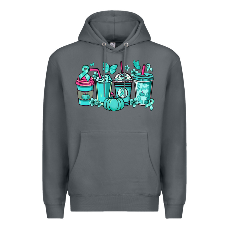 Ovarian Cancer Coffee Cups Teal Ribbon Premium Hoodie by NancyCooperArtShop | Teevron