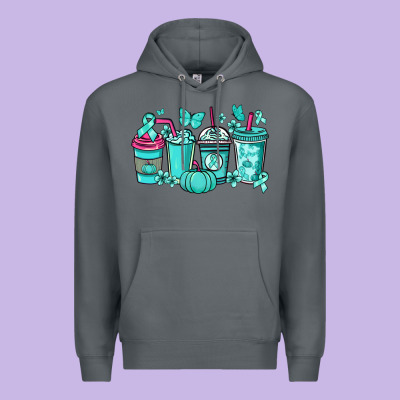 Ovarian Cancer Coffee Cups Teal Ribbon Premium Hoodie Designed By Nancycooperartshop