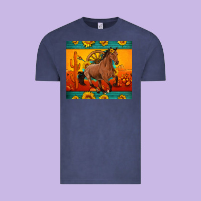 Western Sunset Galloping Horse Sunflower Vintage Tee Designed By Artiststas