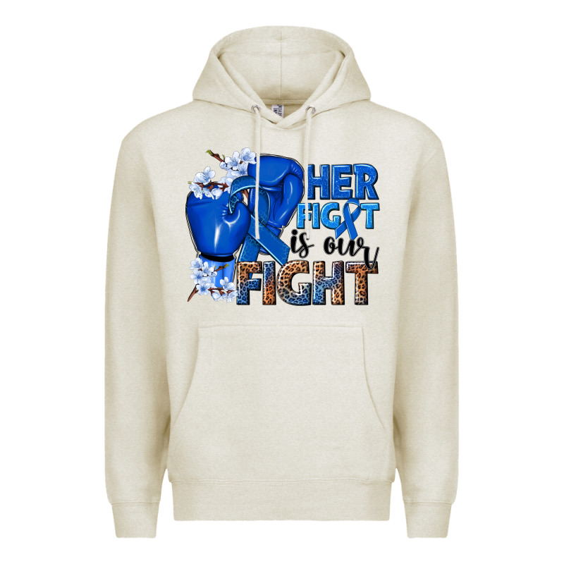 Her Fight Is Our Fight Colon Cancer Blue Ribbon Premium Hoodie by NancyCooperArtShop | Teevron