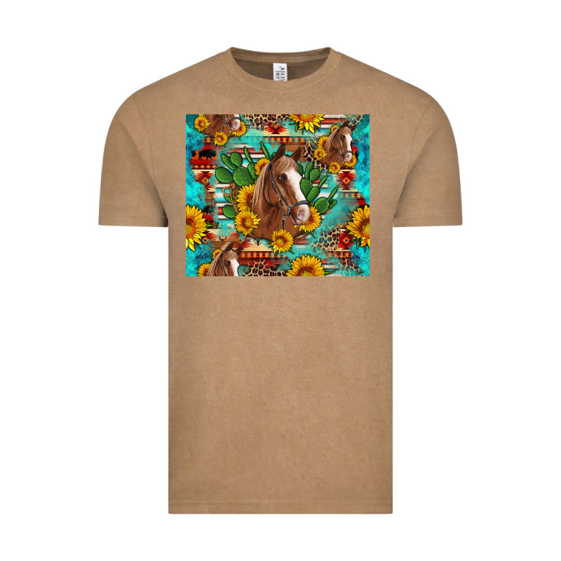 Sunflowers And Cactus Horses Turquoise Aztec Leopard Background Vintage Tee by Artiststas | Teevron