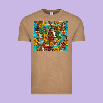 Sunflowers And Cactus Horses Turquoise Aztec Leopard Background Vintage Tee Designed By Artiststas