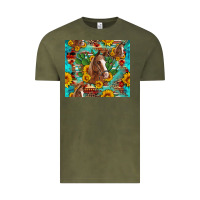 Vintage Olive sunflowers and cactus horses turquoise aztec leopard background Vintage Tee - Artiststas