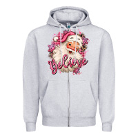 Heather Grey believe pink christmas santa claus Zipper Hoodie - MaliasSmallBusiness