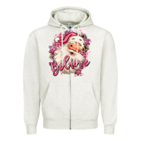 Oatmeal Heather believe pink christmas santa claus Zipper Hoodie - MaliasSmallBusiness