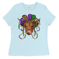 Baby Blue highland cow with mardi gras hat Ladies Tee - RanaPortraitStore