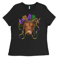 Black highland cow with mardi gras hat Ladies Tee - RanaPortraitStore