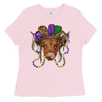 Bubblegum Pink highland cow with mardi gras hat Ladies Tee - RanaPortraitStore