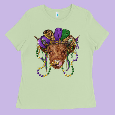 Highland Cow With Mardi Gras Hat Ladies Tee Designed By Ranaportraitstore