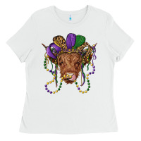 White highland cow with mardi gras hat Ladies Tee - RanaPortraitStore
