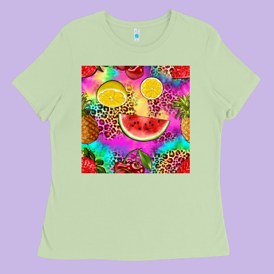 Fruits Leopard Tie Dye Seamless Pattern Ladies Tee Designed By Zillion Design Studio