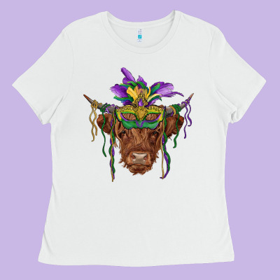 Mardi Gras Mask Highland Cow Ladies Tee Designed By Ranaportraitstore